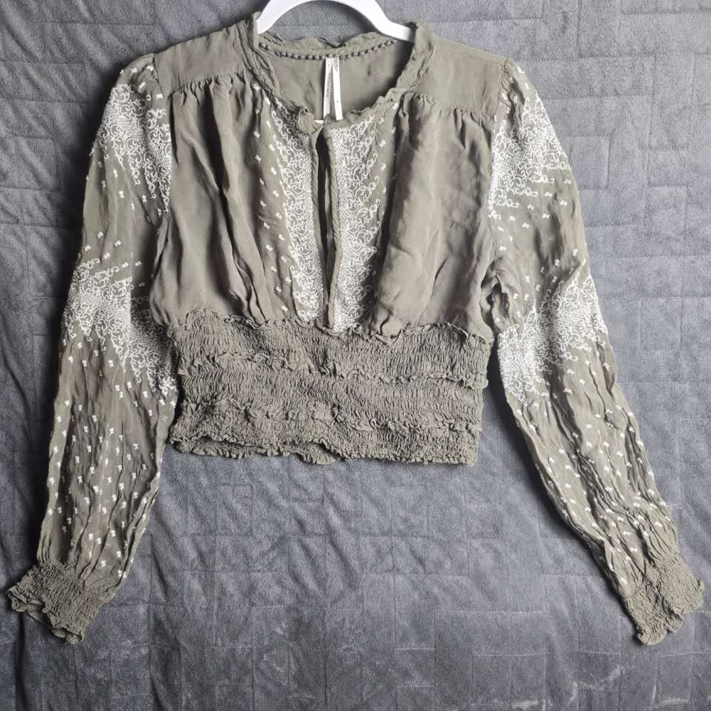 Anthropologie Olive Green Smocked Blouse